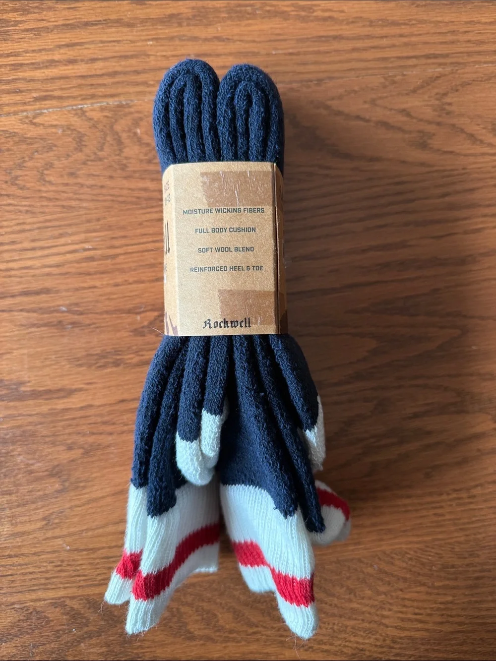 Rockwell Men’s Crew Socks in Navy & Light Blue with Red Stripe